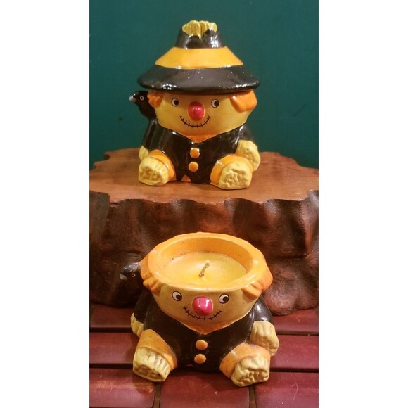 Vintage Pair Of Scarecrow & Crow Ceramic Halloween Candles 3.75"x3"x3" - Picture 4 of 4